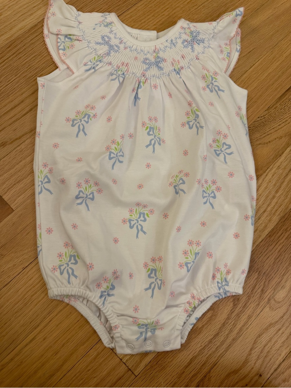 NWOT Little English White Romper with Blue Bow and Pink Floral Embroidery - Picture 2 of 3